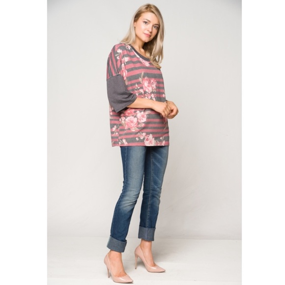 Pink and Charcoal Oversized Floral Colorblock Top - Picture 2 of 6